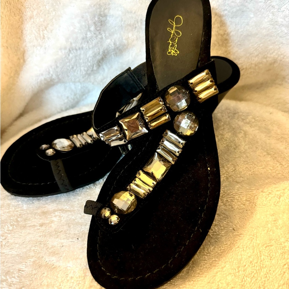 BLACK SUEDE WEDGE SANDAL WITH LARGE RHINESTONES (pink paper to show shoe)